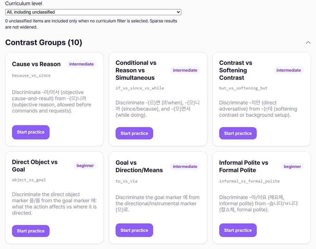 Elephant's grammar practice picker: a curriculum level filter above a grid of contrast groups such as Cause vs Reason, Conditional vs Reason vs Simultaneous, and Direct Object vs Goal, each labelled beginner or intermediate with a short description and a Start practice button.