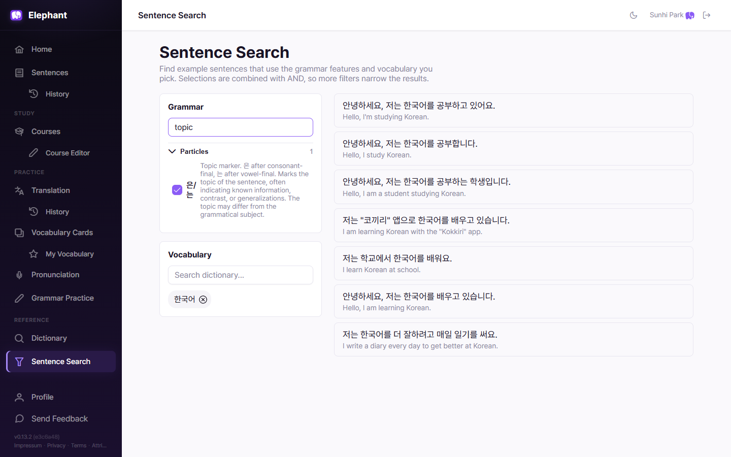 Elephant's sentence search: the topic marker 은/는 is checked under Particles, the word 한국어 is added as a vocabulary chip, and the results list shows matching Korean example sentences with English translations.
