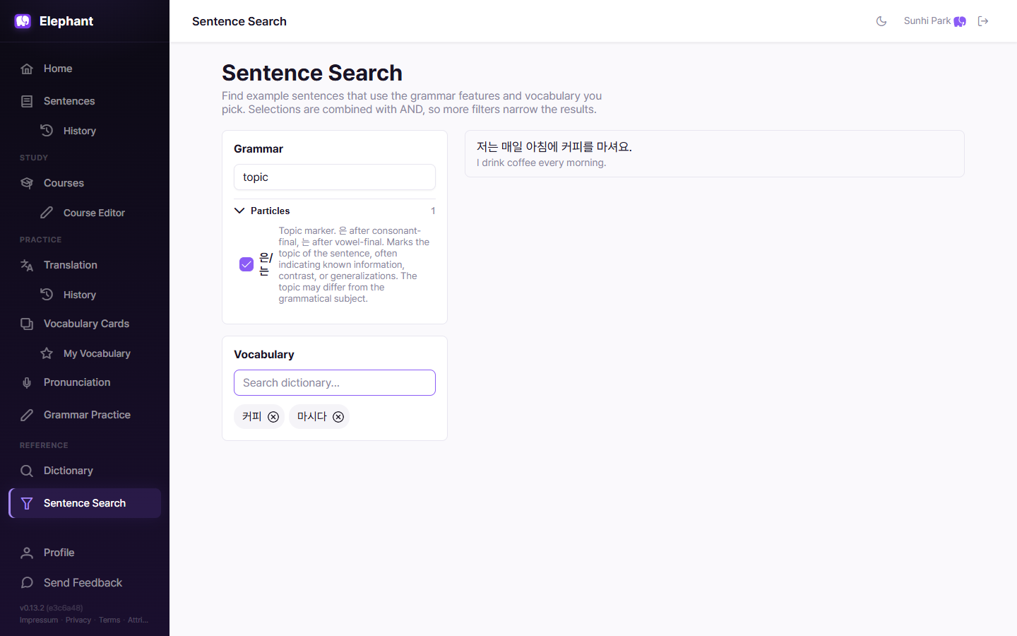 A narrowed sentence search: the topic marker 은/는 plus the words 커피 and 마시다 are selected, and the results show exactly one sentence, 저는 매일 아침에 커피를 마셔요, with its English translation.