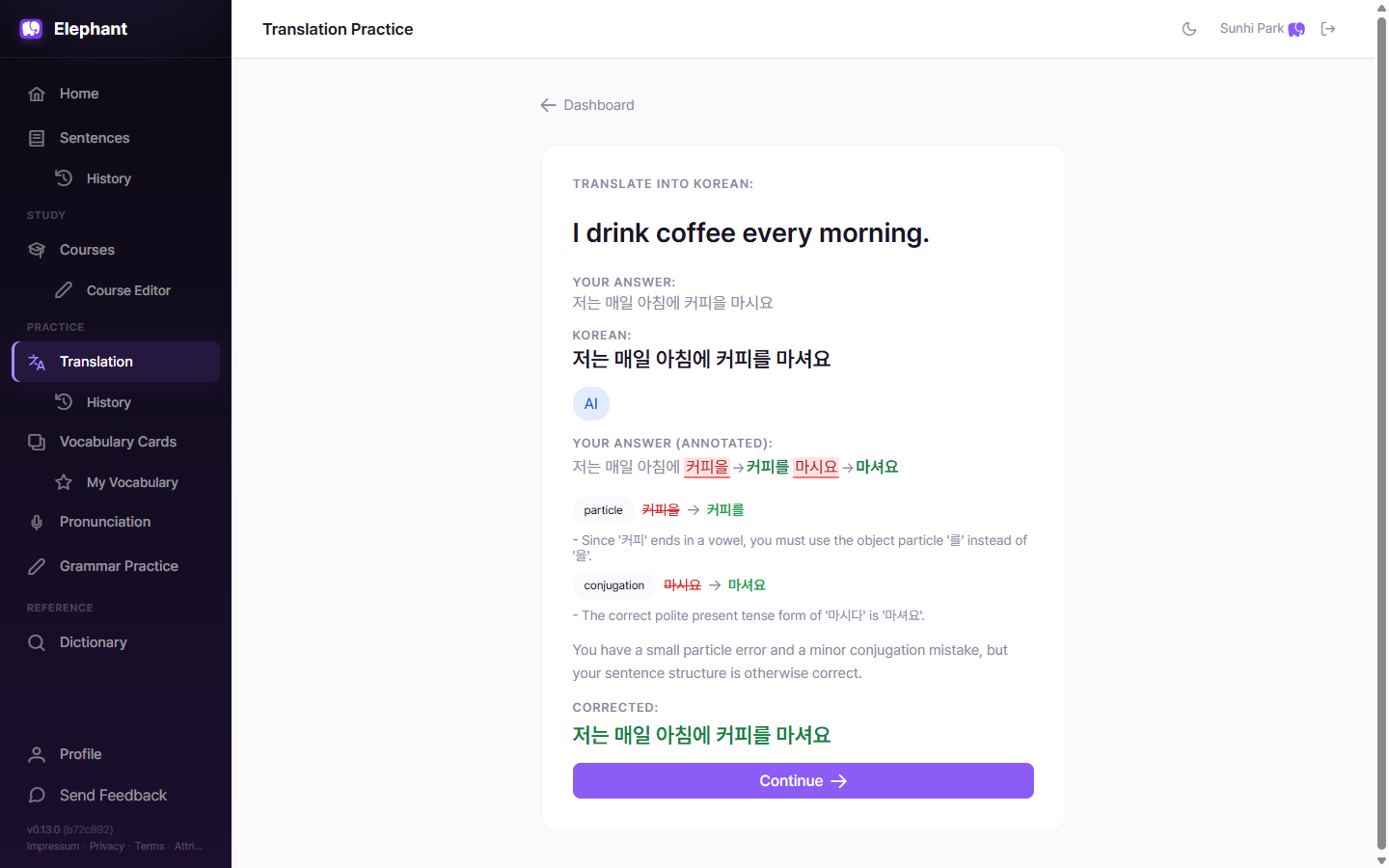 A graded Korean translation attempt: the learner's answer above the reference, each mistake annotated inline with an arrow to the fix, corrections grouped by category (particle, conjugation) with plain-language explanations, and the fully corrected sentence.