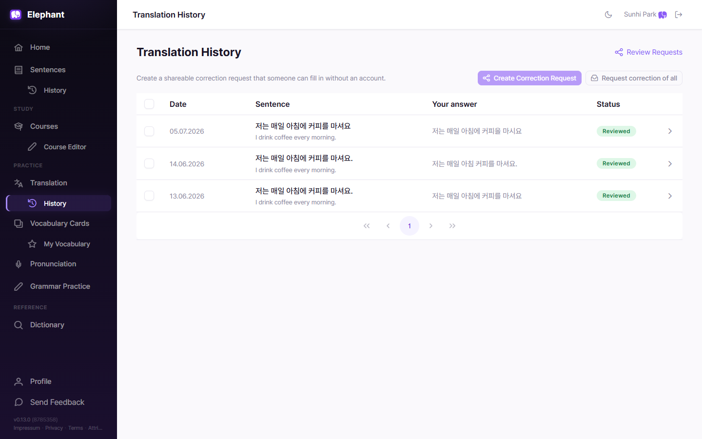 The translation practice history: a list of past attempts with date, target sentence, the learner's answer, and a Reviewed status.