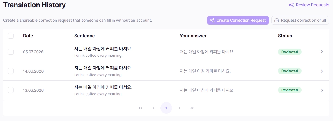 The translation practice history: a list of past attempts with date, target sentence, the learner's answer, and a Reviewed status.